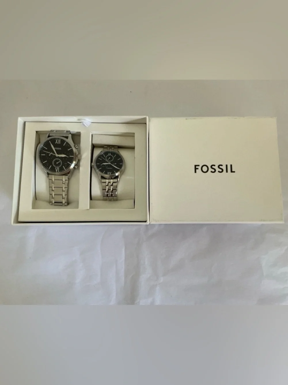 Fossil His and Her Fenmore Midsize Multifunction Stainless Steel Watch Gift Set